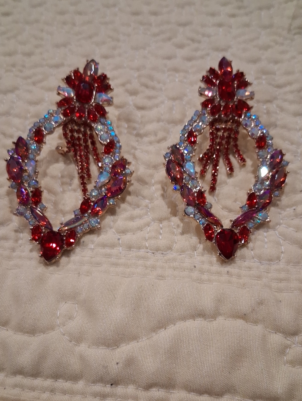 Red and Iridescent Crystal Drop Earrings Aurora Pierced
